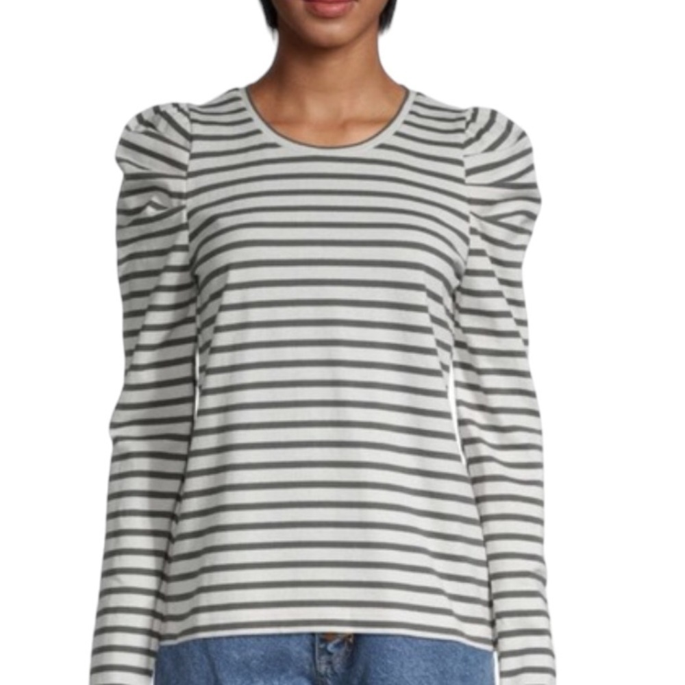 Rebecca Minkoff Talia Cropped Puff Sleeve Top Navy Ecru Stripe Size XS